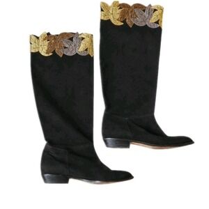 ZALO Boots Size 6 Leaf Print Applique Metallic Leather Suede 80s Black Designer